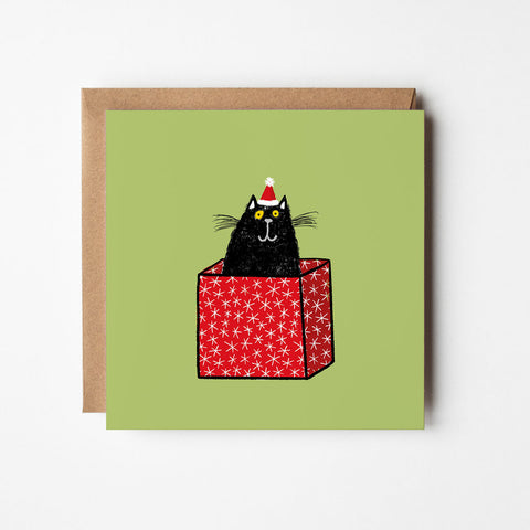 Cat in a Christmas box - blank Christmas card